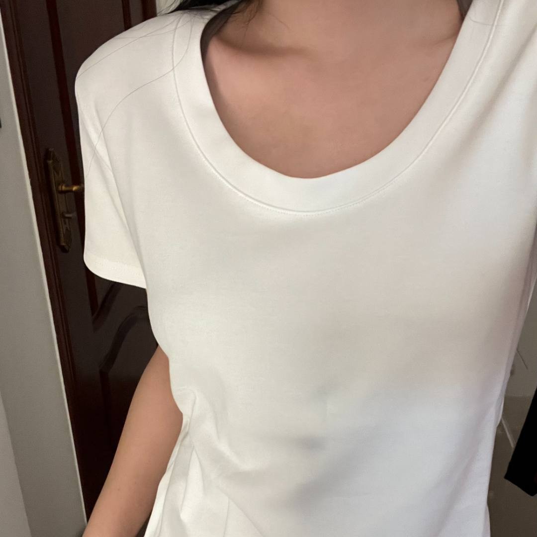 Picture of Right Shoulder Short-Sleeved U-Neck T-Shirt Women's Summer 2025 New Rayon Slim Low Round Neck Basic Bottoming Top