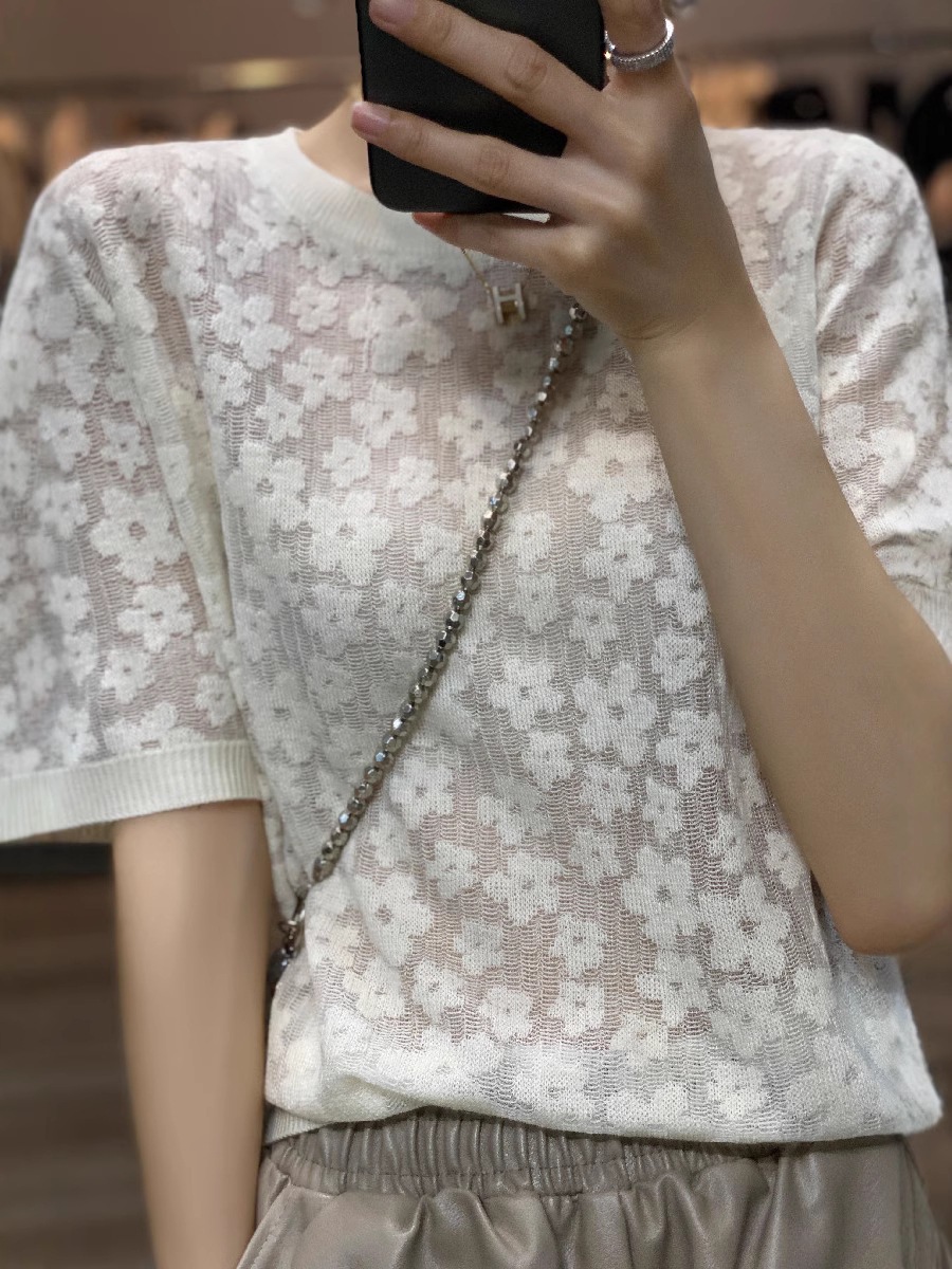Fine Wool Round Neck Knitted Short-Sleeved Women's Summer Hook Pattern Slightly See-Through Half-Sleeved Loose Jacquard Cut Out T-Shirt