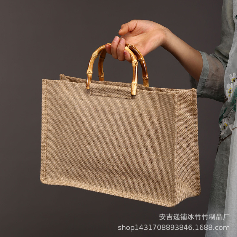 Artistic bamboo handle ladies handbag handbag handbag Korean simple small fresh cotton linen bag can be printed logo