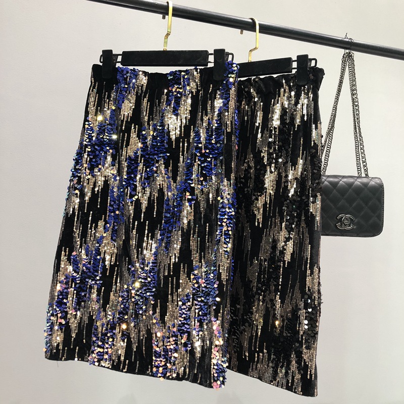 Spring New Women's Sequin Skirt High Waist Slimming Mid-length Over-the-Knee Skirt Glittering Beaded Elasto Waist Skirt