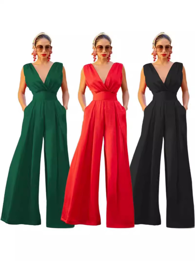 2024 Cross-border Foreign Trade Spring and Summer Chinese Style Long Dress New Chinese Style Jumpsuit V-Neck Mid-waist Temperament Commuter Jumpsuit