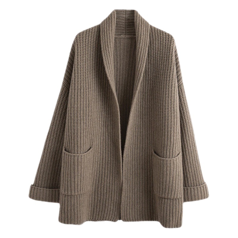2023 Autumn Heavyweight Mid-Length V Neck Versatile Knitwear Cardigan for Women with Flap Pocket Pantss Loose Outwear Knitwear for Women