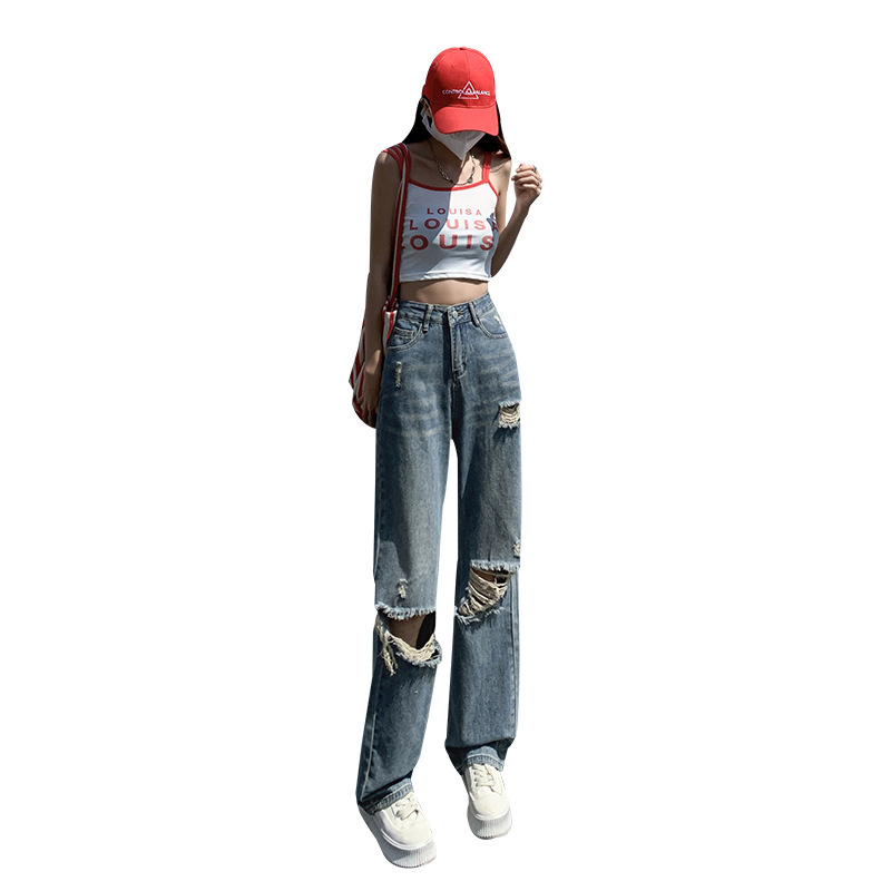 Picture of Ripped Wide Leg Jeans Women's Summer 2023 New High Waist Slim Look Straight Loose Dumping Pants Thin