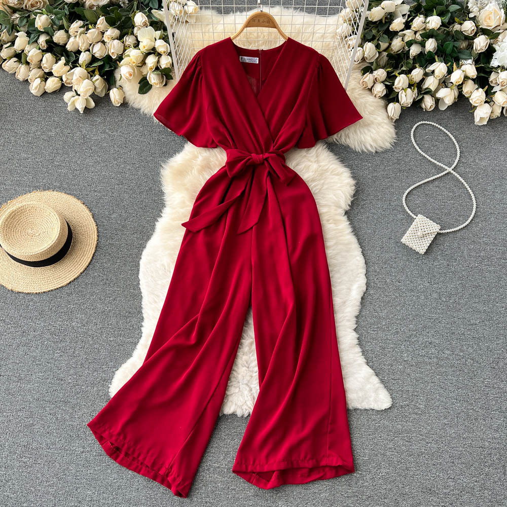 2022 Spring and Summer New Arrival Design Stylish Tight Waist Strap V-Neck Cyber Popular Jumpsuit Slim-fit Long Pants