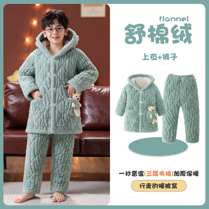 Picture of Children's Three-Layer Quilted Pajamas Winter Flannel fleece-lined Thickened Boys' Girls' Baby Warm Home Clothes suit
