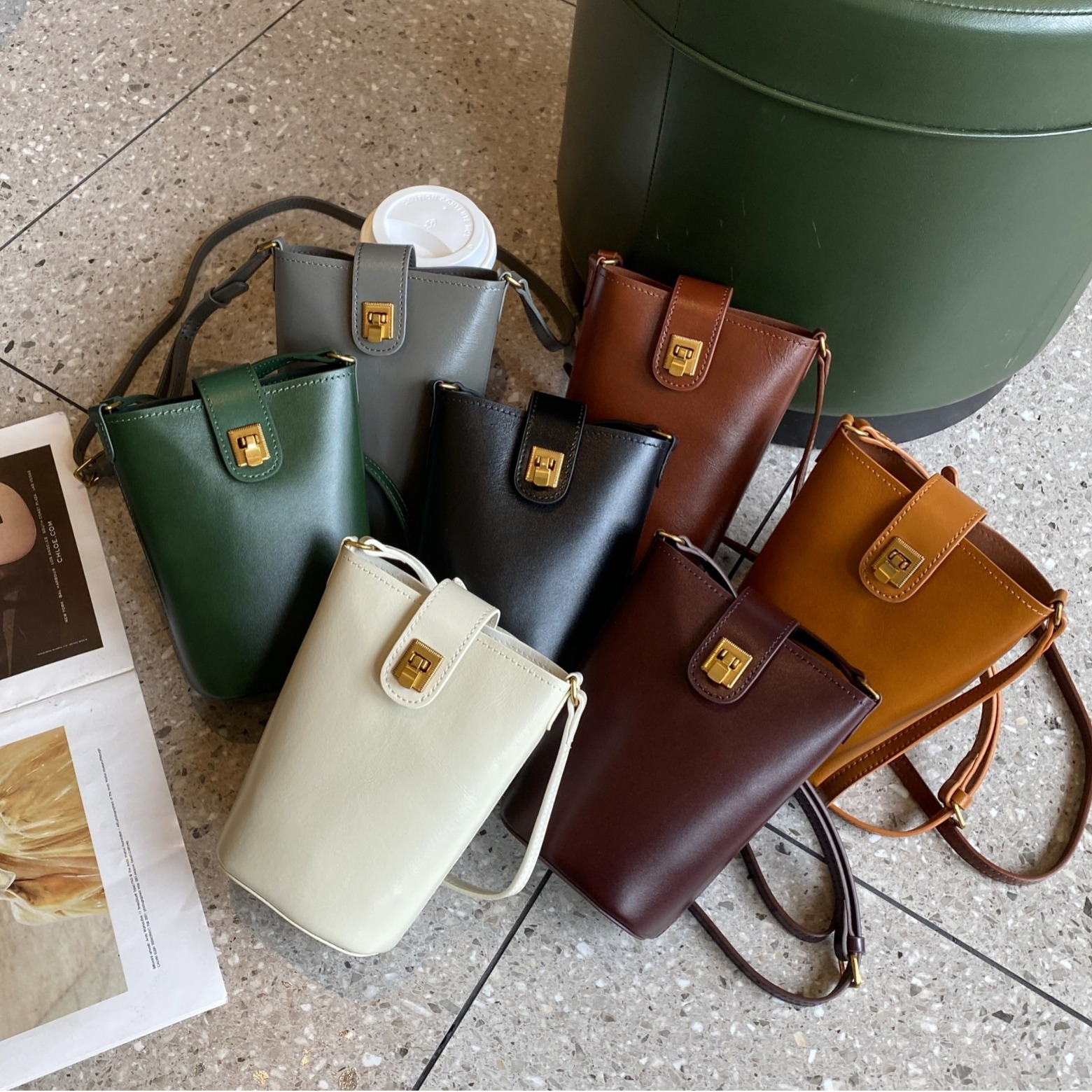 Vegetable tanned first layer cowhide niche light luxury bag all-match women's bag clutch bucket bag simple women's mobile coin purse
