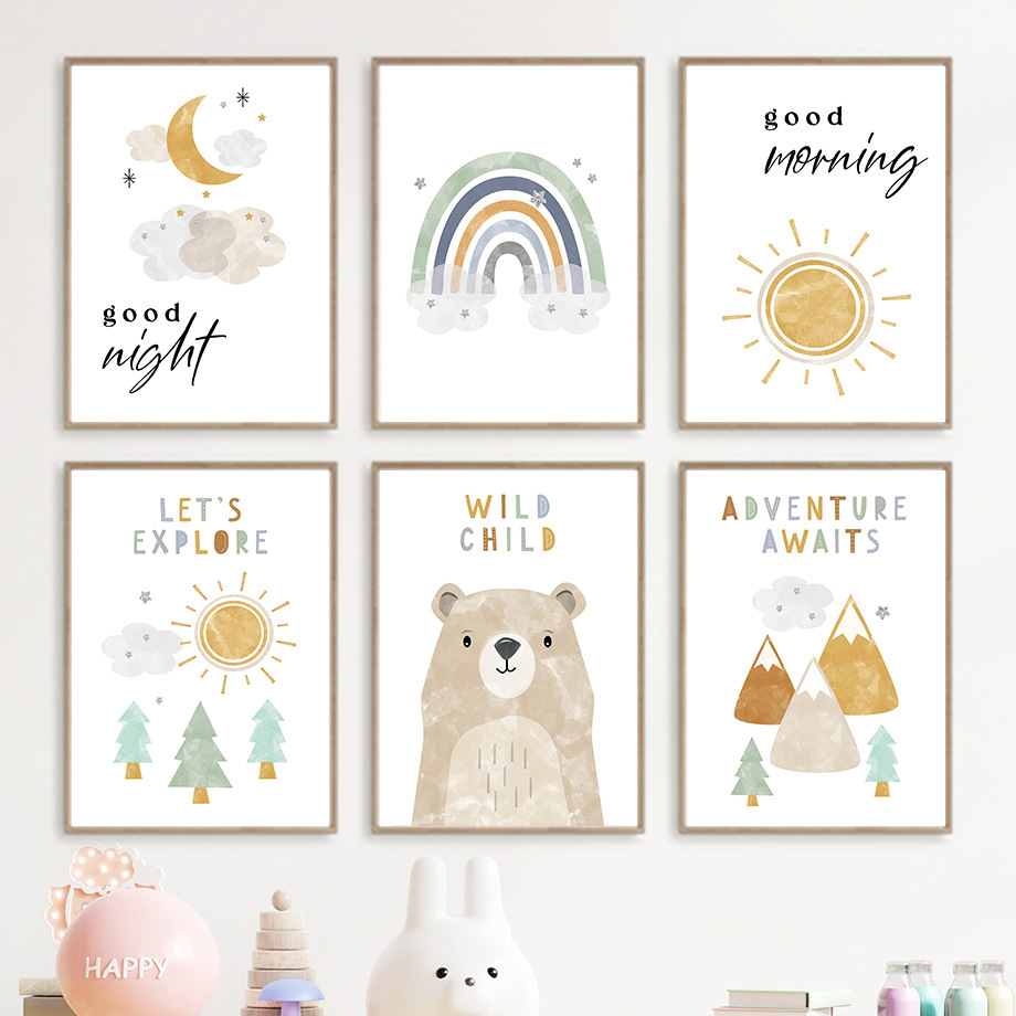 AliExpress modern children's bedroom cartoon bear watercolor weather rainbow background wall decoration mural canvas hanging painting