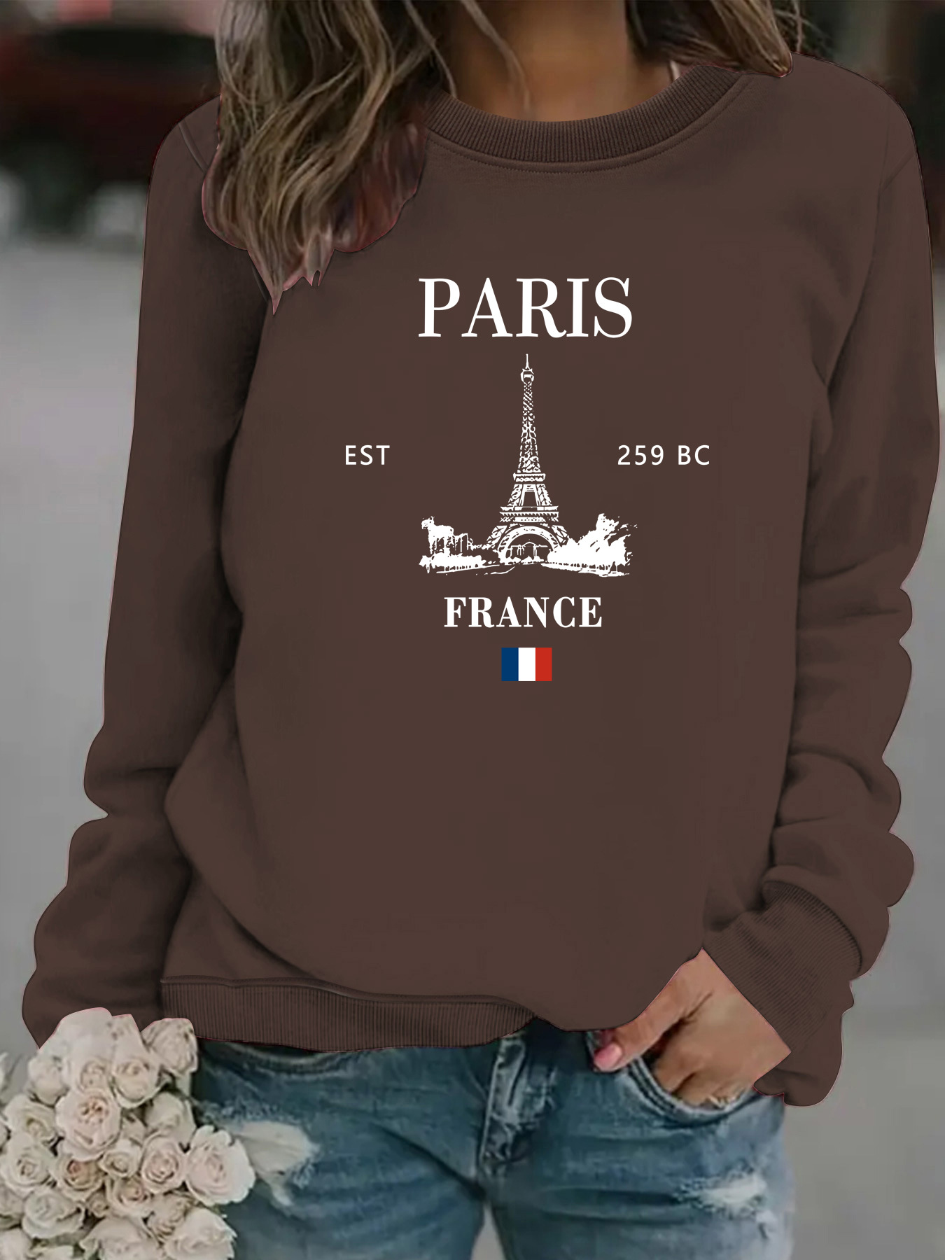 Europe and the United States cross-border autumn and winter women's casual long sleeve round neck PARIS printed pullover sweatshirt sweater wholesale