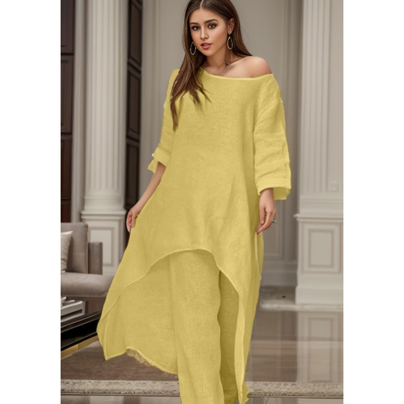 Picture of 2023 European and American New Women's Cotton and Linen Fashion Casual plus size Irregular Long-sleeved suit Wide-leg Pants Two-piece Set
