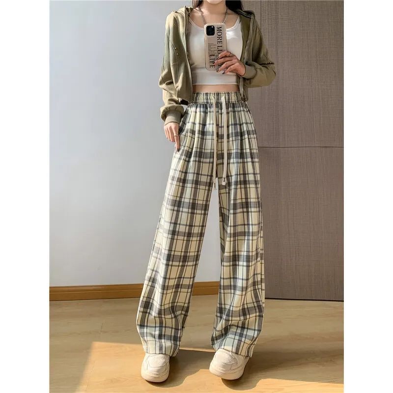 Plus size British plaid pants spring and summer retro British lace-up casual high waist slimming thin wide leg pants 8