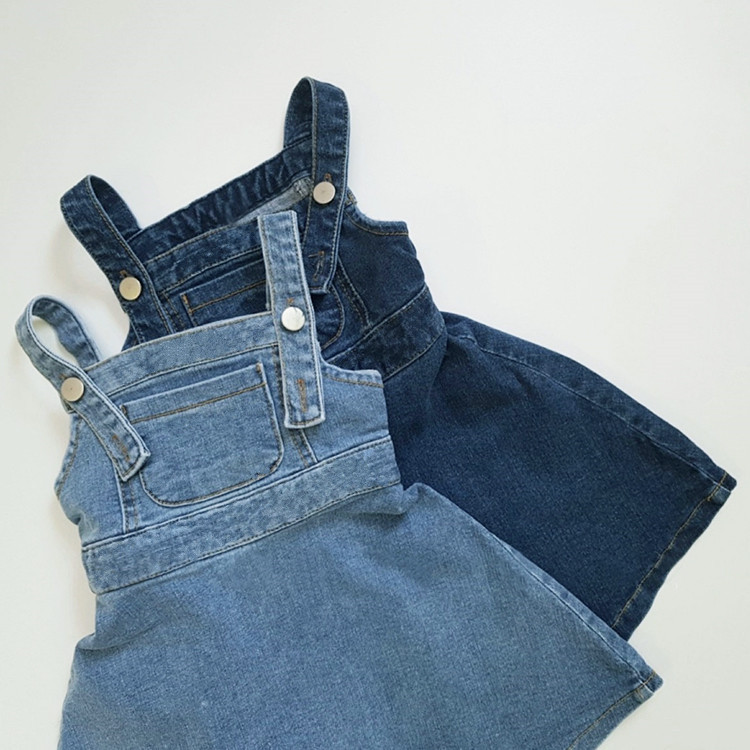 Girls Korean style summer new dress Western style cute small pocket buckle strap waist denim dress 2