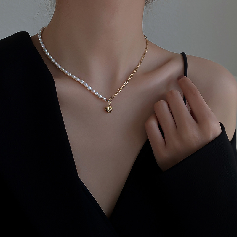 Picture of Natural Freshwater Pearl Necklace Women's Asymmetric Stitching Clavicle Chain Love Pendant Neck Chain Niche Design Sense Jewelry