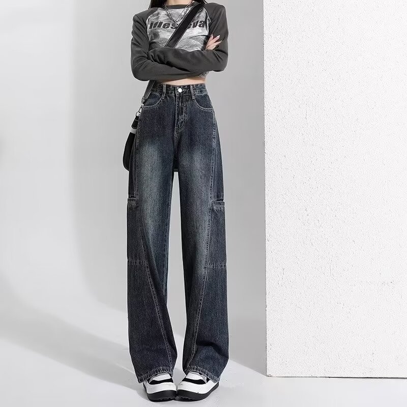Grey Vintage Tooling Jeans Women's 2024 Summer New Straight High Waist Slimming American Style Wide Leg Pants