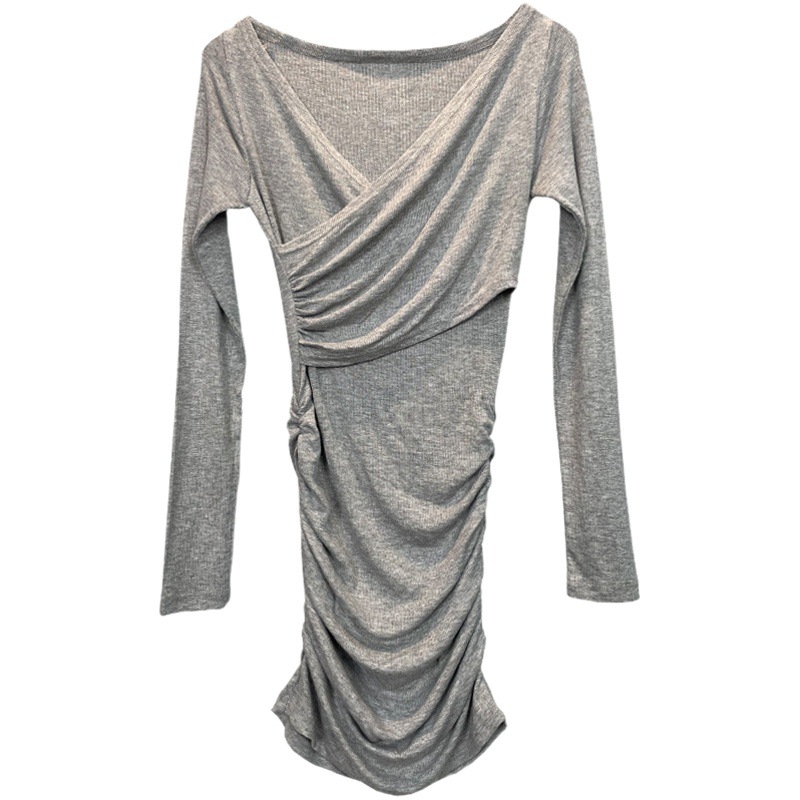 2025 New Long Sleeve Deep V-Neck Chest Shown Tight Hip dress Women's Pure Spice Girl Sexy Base Dress