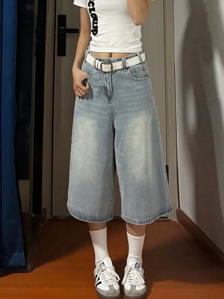 Loose High-Waisted Light Blue Cropped Denim Shorts for Women, Summer Thin Mid-Length Pants, Slimming Plus-Size Versatile Straight-Leg Pants