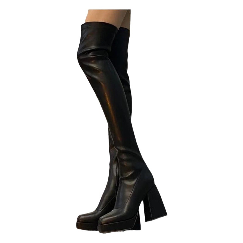 European and American style over-the-knee leather boots for women 2023 new autumn and winter square toe chunky heel platform side zipper fashion boots