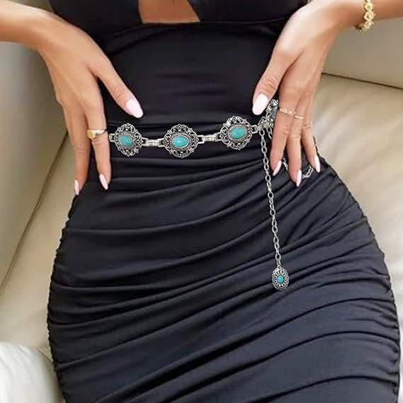 Women's Bohemian Style Punk Turquoise Cross Border high quality Vintage in stock Women's Waist Chain Metal Waist Chain