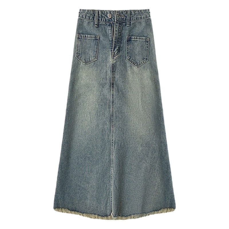 Retro frayed skirt Denim Women's Spring and Autumn new small high waist slimming frayed fishtail midi skirt