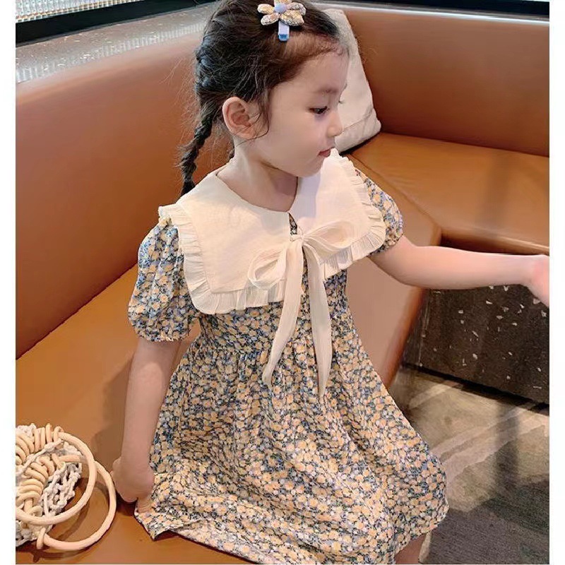 Picture of 2024 summer new girls Korean style lapel floral princess dress children baby summer short sleeve dress