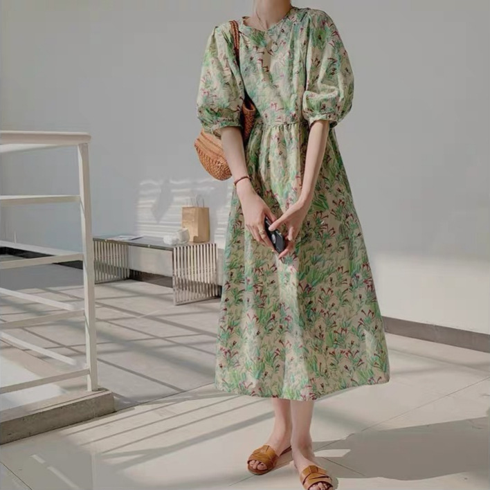 Picture of plus size French Style Retro Floral dress Women's Summer New High-end Loose Slimming Sweet Puff Sleeve Long Dress