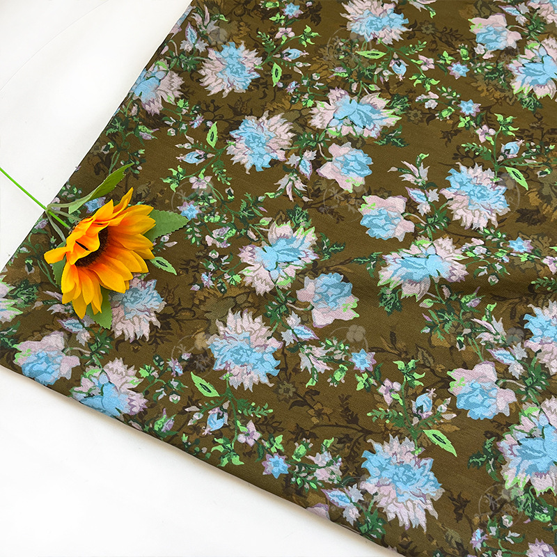 Smoke brown flower bloom national style digital printed brocade cotton fabric cheongsam dress top Hanfu handmade DIY fabric