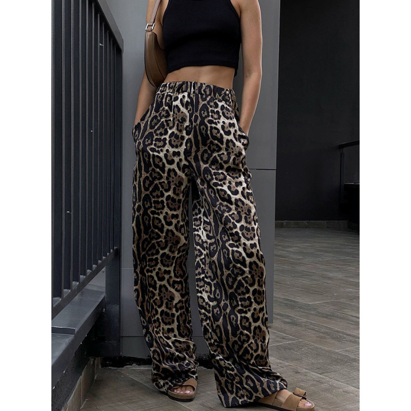 European and American Fashionable Street Leopard Print High-Waisted Wide-Leg Pants for Women 2024 Spring Cross-Border Loose Floor-Length Casual Pants Wholesale