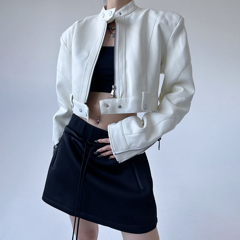 2025 New Autum Korean Style Fashion Versatile American Sexy Cuffs Zipper Leather Motorcycle Short Jacket Leather Jacket Trendy