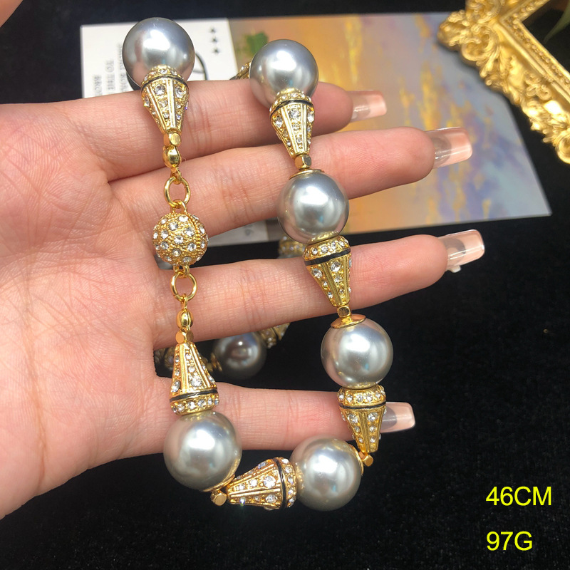 Picture of Middle Ancient Jewelry Grey Glass Pearl Necklace Earrings Set Diamond Plated Real Gold Magnetic Buckle Sweater Chain Joker