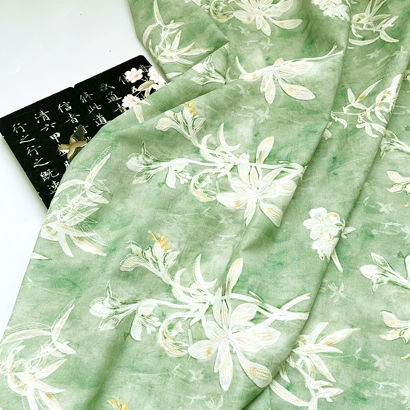 New Chinese Style Green Background Lily Digital Print Embroidery Fabric Hanfu Cheongsam Dress Material 1.0m Price