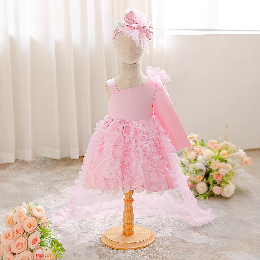 Amazon Baby Dress Long-Sleeved One-Shoulder Trailing Dress Pleated Puffy Princess Dress Wedding Flower Girl Tuxetail Dress