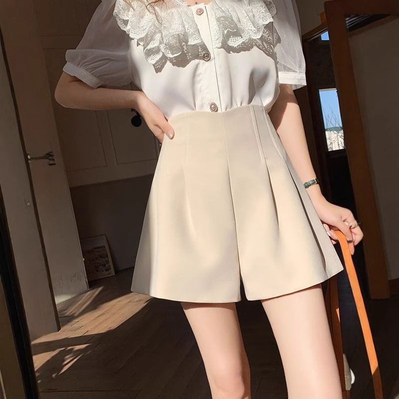 Spring and summer 2024 new solid color high waist slim temperament commuter wide leg shorts women's tide a generation of apricot