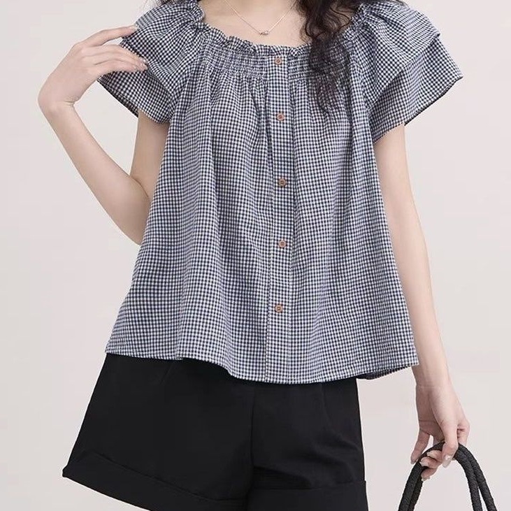 Vintage Striped Short Sleeve Shirt Doll 2025 Summer New Design Ear Top All Match