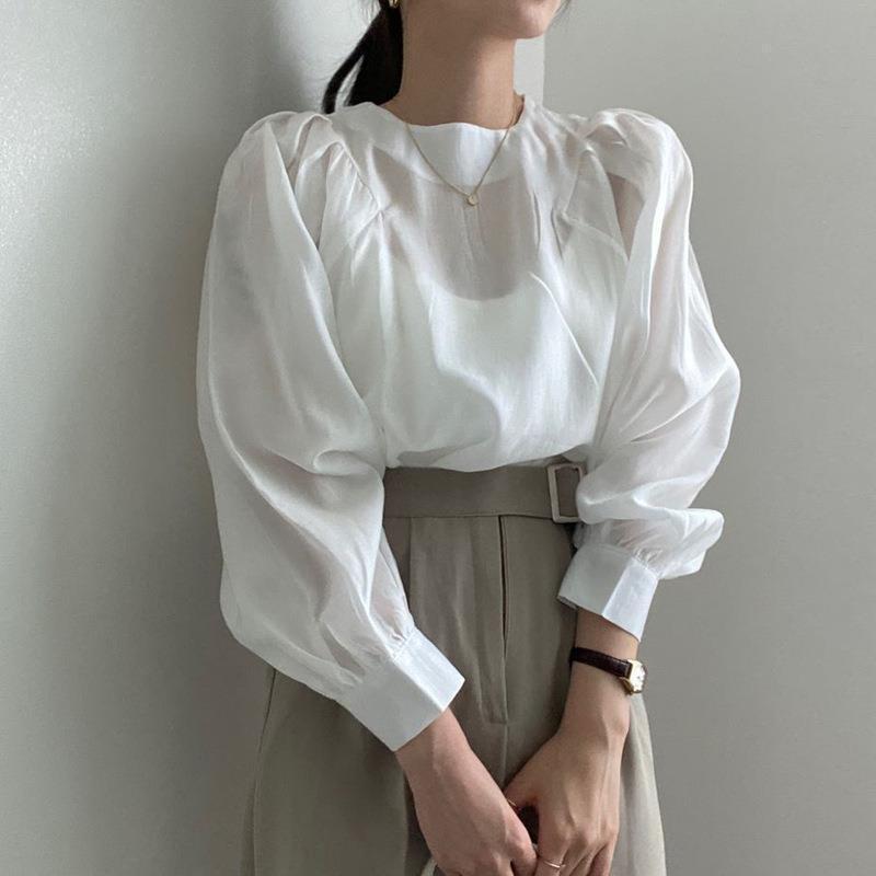 Picture of South Korea Chic French Style Simple Round Neck Puff Sleeve Shirt Women's Elegant All-match Shirt Women's Casual High-end Sense