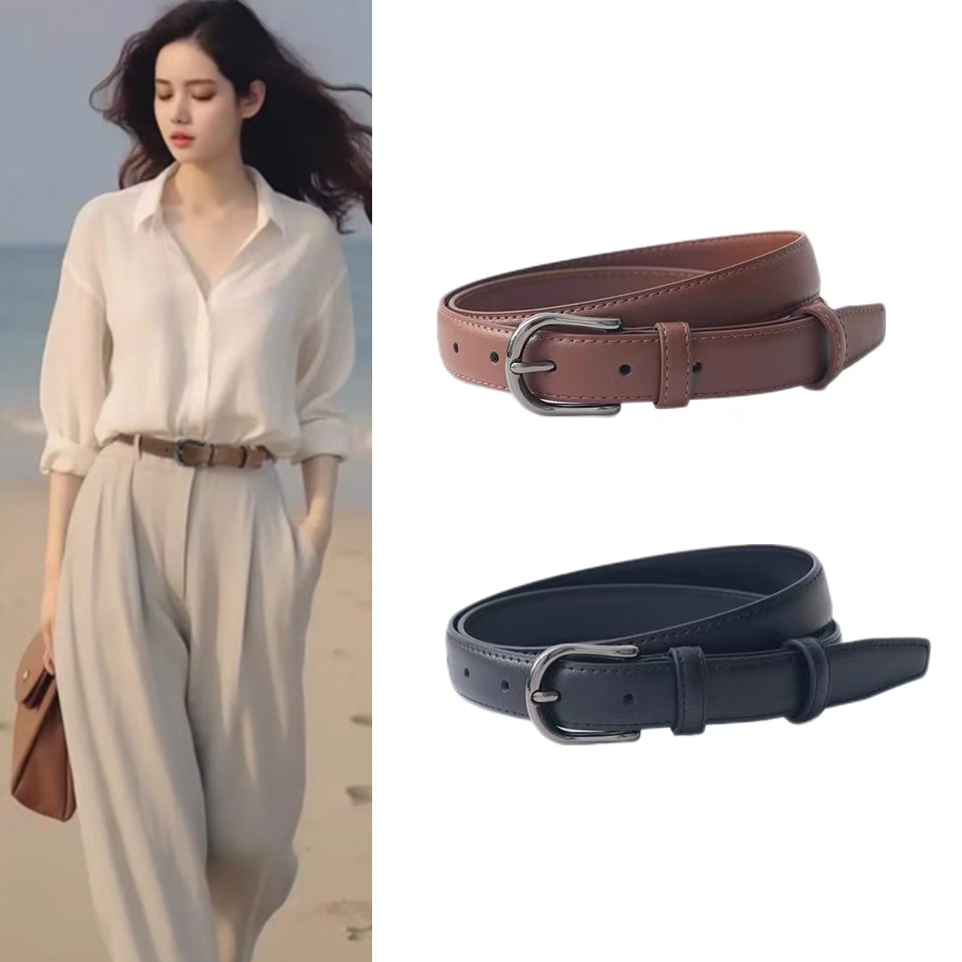Women's Genuine Leather Belt Simple Versatile Fashion Korean Cowhide Thin Belt Decorative Dress Pants Jeans Belt Women Trendy