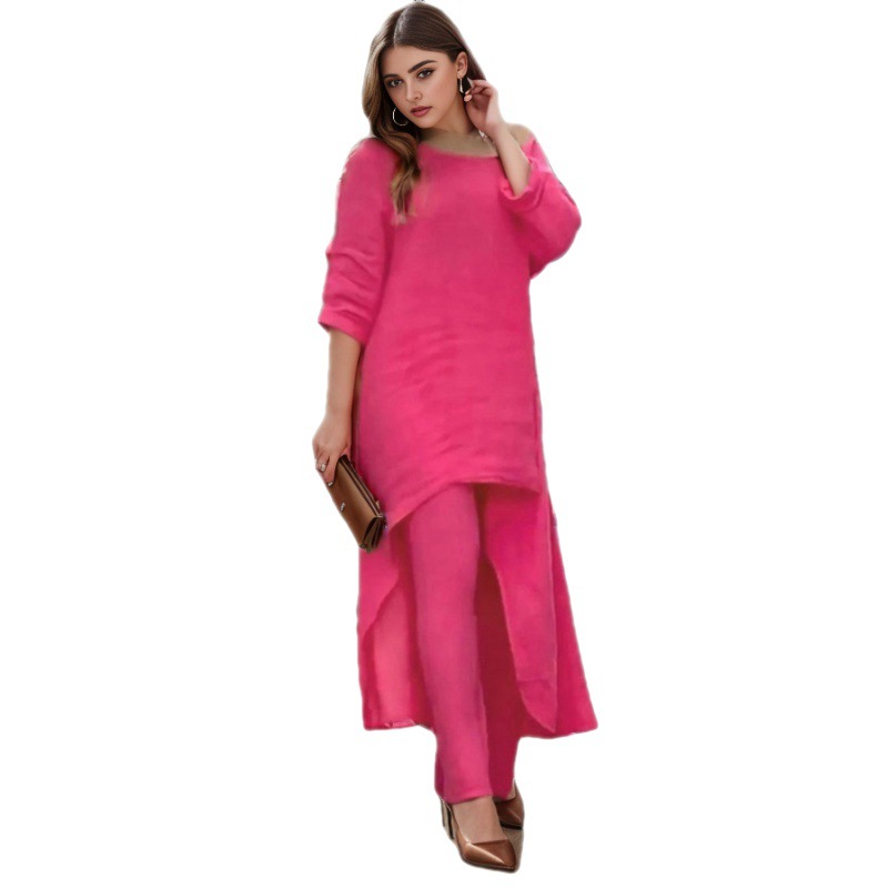 Picture of 2023 European and American New Women's Cotton and Linen Fashion Casual plus size Irregular Long-sleeved suit Wide-leg Pants Two-piece Set