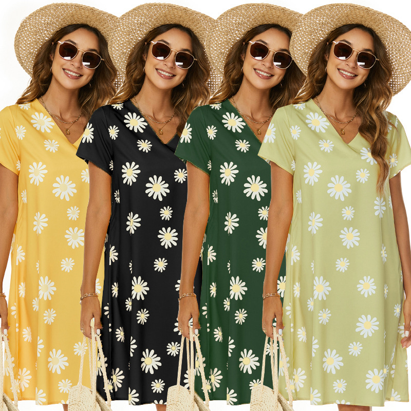 Summer European and American-style Women's V-neck Short-sleeved dress Yellow Chrysanthemum Casual A- line Dress