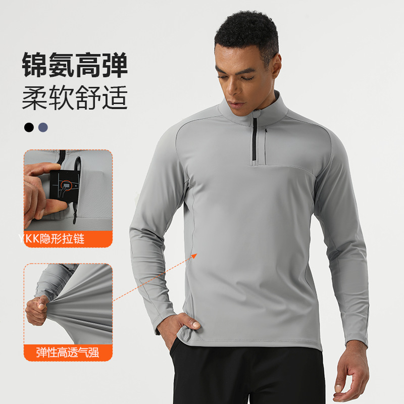 Cross-border New Arrival Nylon Half Zip Sports Top Spring and Autumn Men's Vertical Collar High Elastic Fitness Training Running Suit Long Sleeve