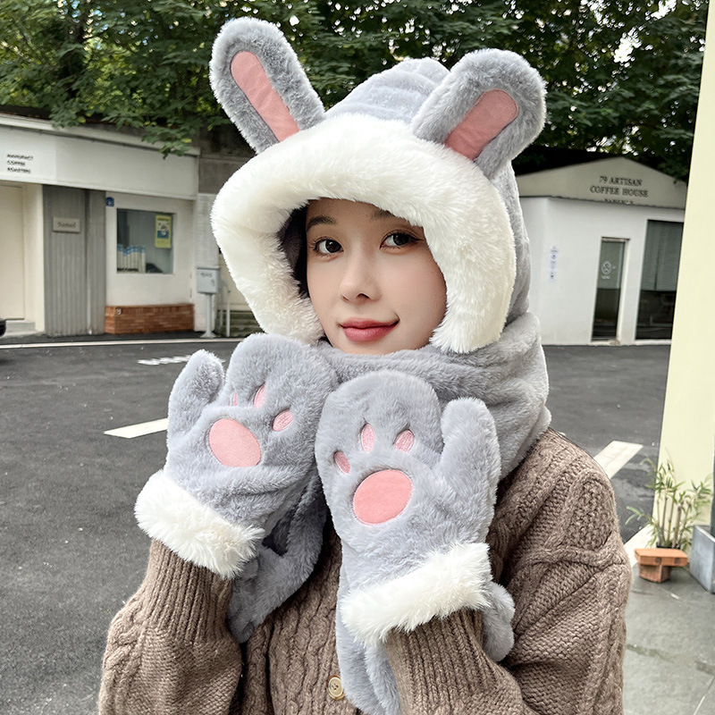Picture of Winter plush hat scarf gloves one female rabbit autumn and winter three-piece cute thick scarf warm windproof