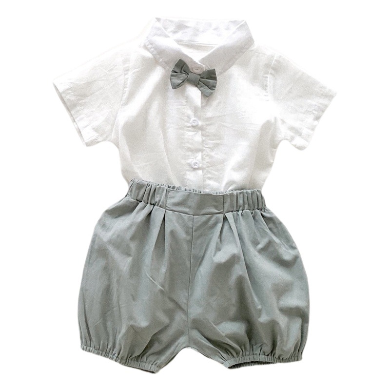 Summer Korean Style Boys' Suit Dress 0-4 Years Old Short Sleeve Shirt Shorts with Bow Tie Handsome Baby One Year Old