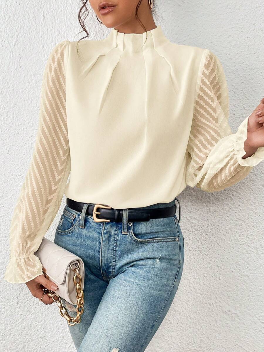 Picture of 2024 Europe and the United States Amazon cross-border women's autumn and winter new half-high collar stitching wave chiffon long sleeve top
