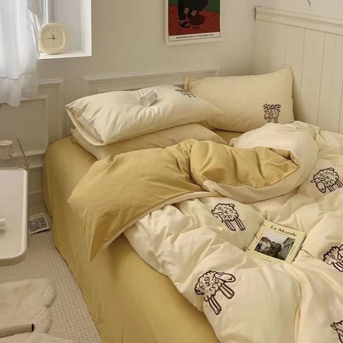 Picture of Washed Cotton Bed Sheet Four-Piece Set, Fresh Style Duvet Cover, Simple Ins Student Dormitory Three-Piece Duvet Cover Set