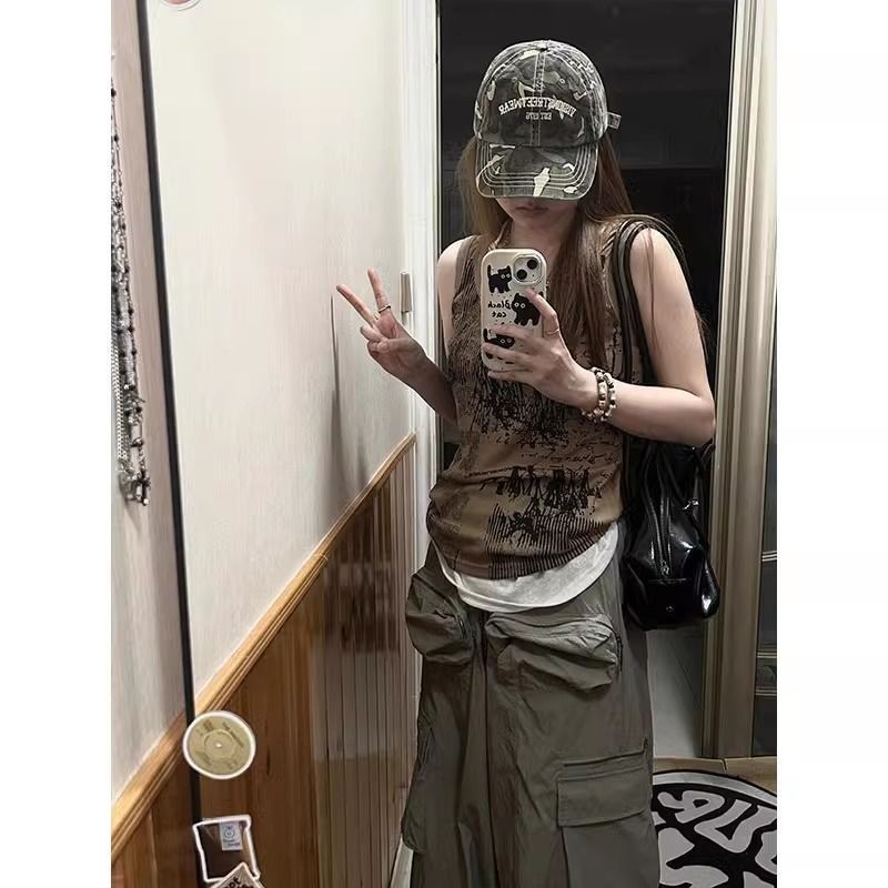 khaki Camisole Women's 2025 Summer American Style Retro Printed Waistcoat Punk Style Hot Girl Sleeveless Top Trendy