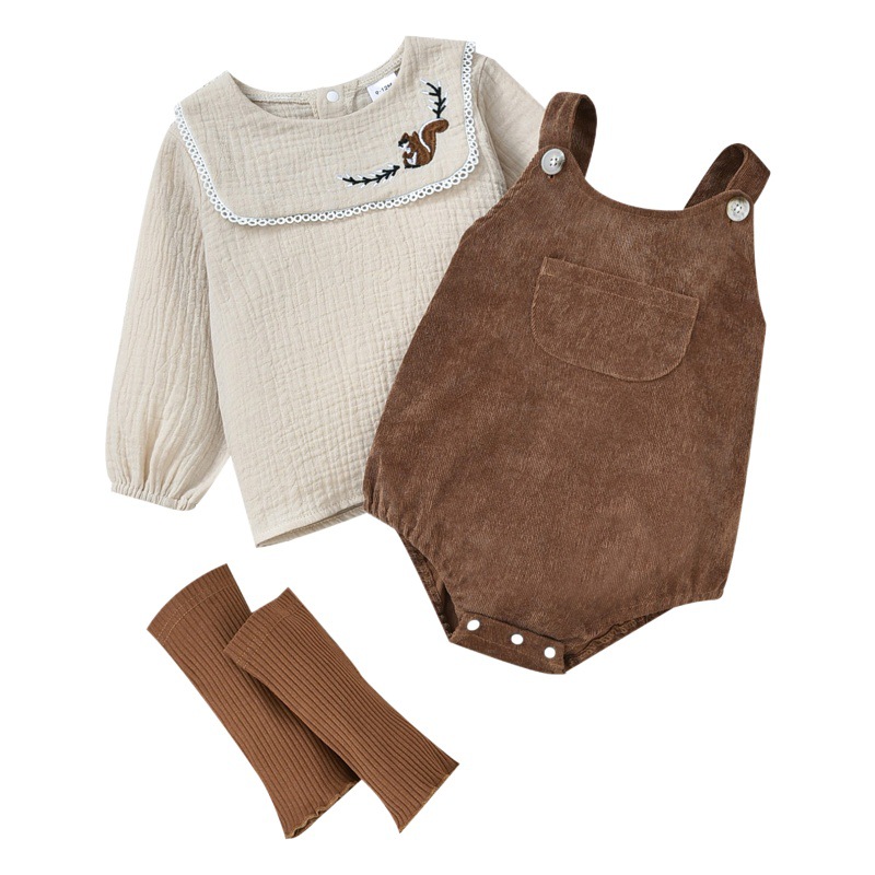 Spring and Autumn New Kidsren's Clothing Embroidered Corduroy Long-Sleeved Kidsren's Triangle Three-Piece Suit + Socks for Girls Splicing