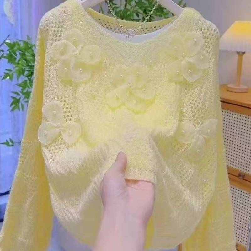 Lazy Heavy-Duty Sweet Three-Dimensional Loose Floral Beaded Hollow Knit Sweater 2025 New Sweater Top