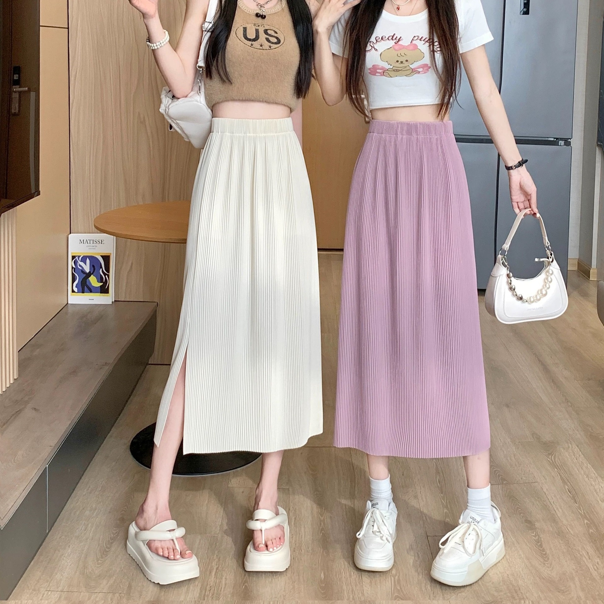 Pleated Skirt Women's Spring and Summer New Arrival Small Split Purple Skirt Mid-Length Staggery Waist A- Line Large Skirt