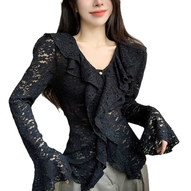 Picture of French V-neck ruffled hollow lace shirt women's 2024 autumn new design sweet long sleeve hot girl top