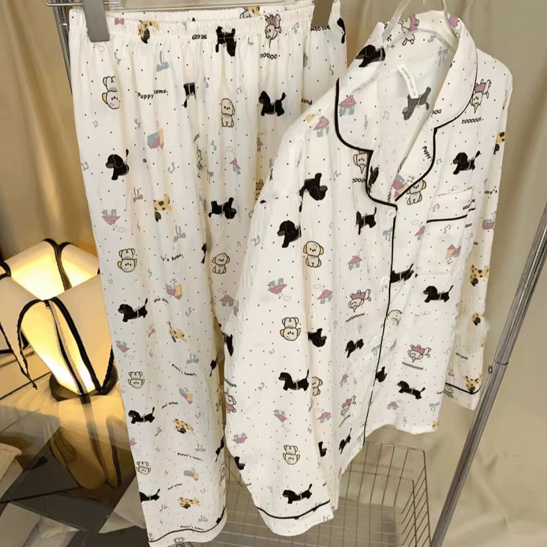 Picture of Online Celebrity Live Dopamine Color Striped Long Sleeve Pajamas Women's Loose Bubble Wrinkle Cute Cross-border suit Foreign Trade