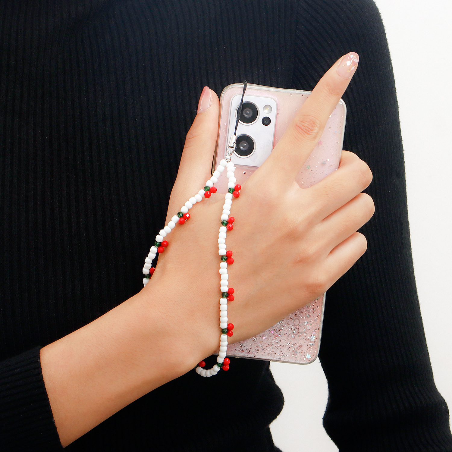 Europe and the United States cross-border jewelry white beaded beaded mobile phone lanyard pastoral style red cherry bag mobile phone chain wholesale