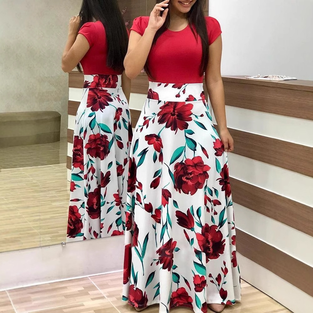 Wish AliExpress Autumn Hot Edition European and American Style Flower Printed Color Matching dress Long Dress Women's Long Sleeve Dress