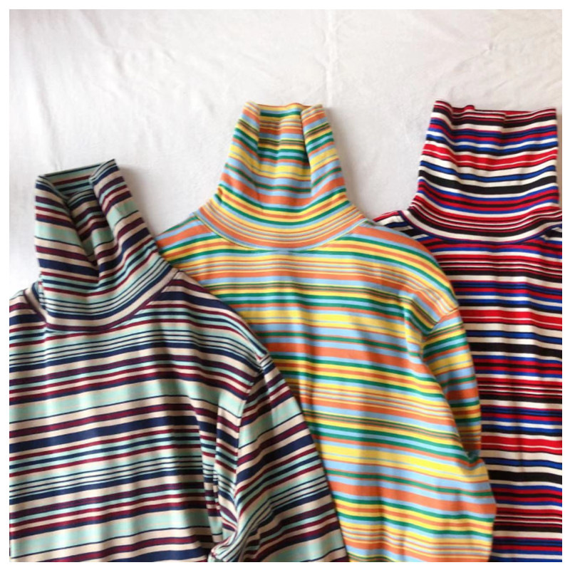 Japanese Style Retro Color Striped Turtleneck Long Sleeve T-shirt Autumn and Winter New Loose All-match One-piece Velvet Base Shirt Women's Clothing